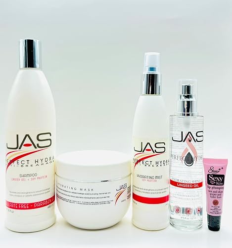 JAS Perfect Hydra Anti-breakage Shampoo & Conditioner 16 oz, Hydrating Mist 8 oz & Serum 5 fl oz with Linseed Oil + Soy Protein "Free Starry Sexy Kiss Beauty & Personal Care JAS Systems