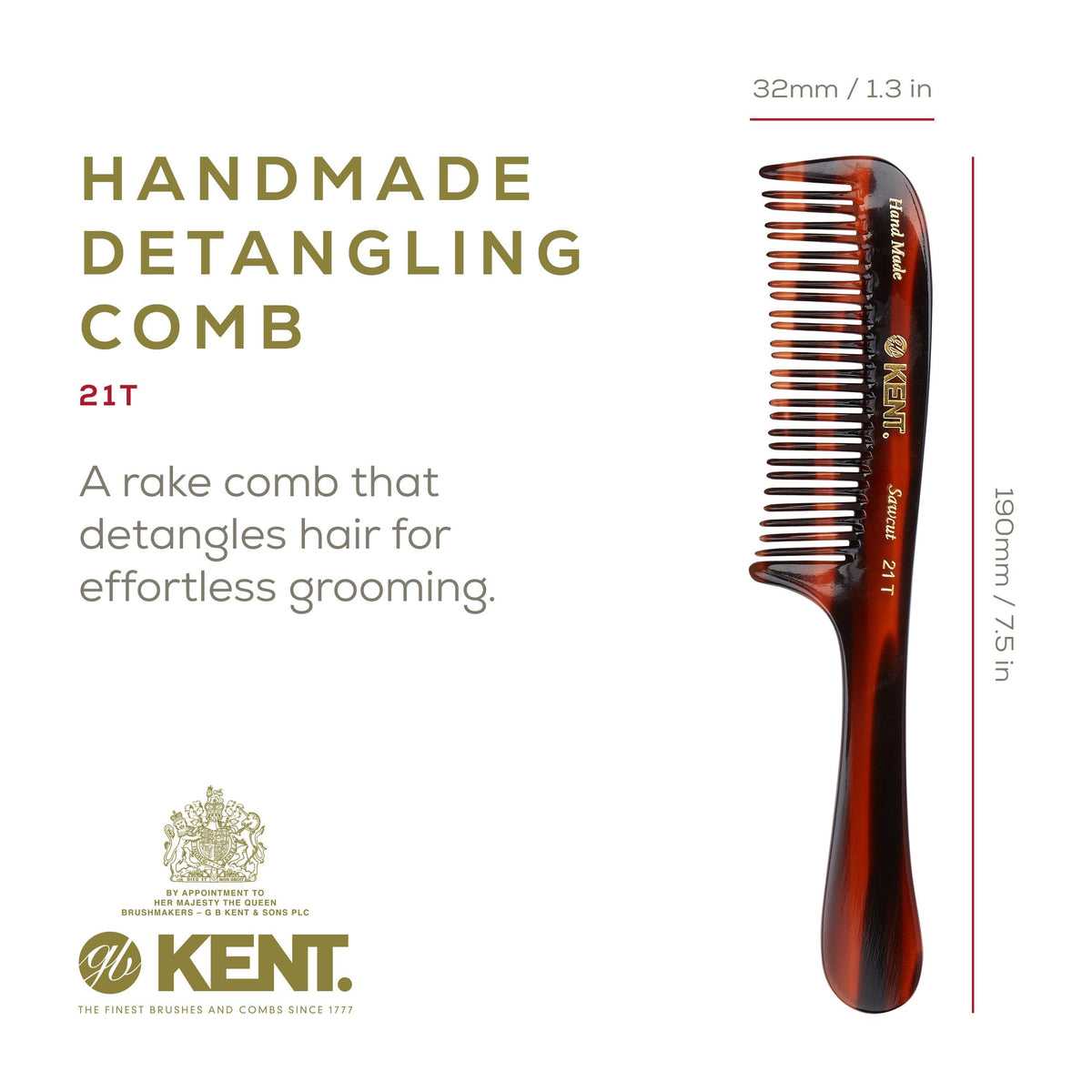 Kent 21T Tortoiseshell Large Detangling Comb, Wide Teeth for Thick Curly Wavy Hair. Long Hair Detangler Comb For Wet and Dry. Handmade of Quality