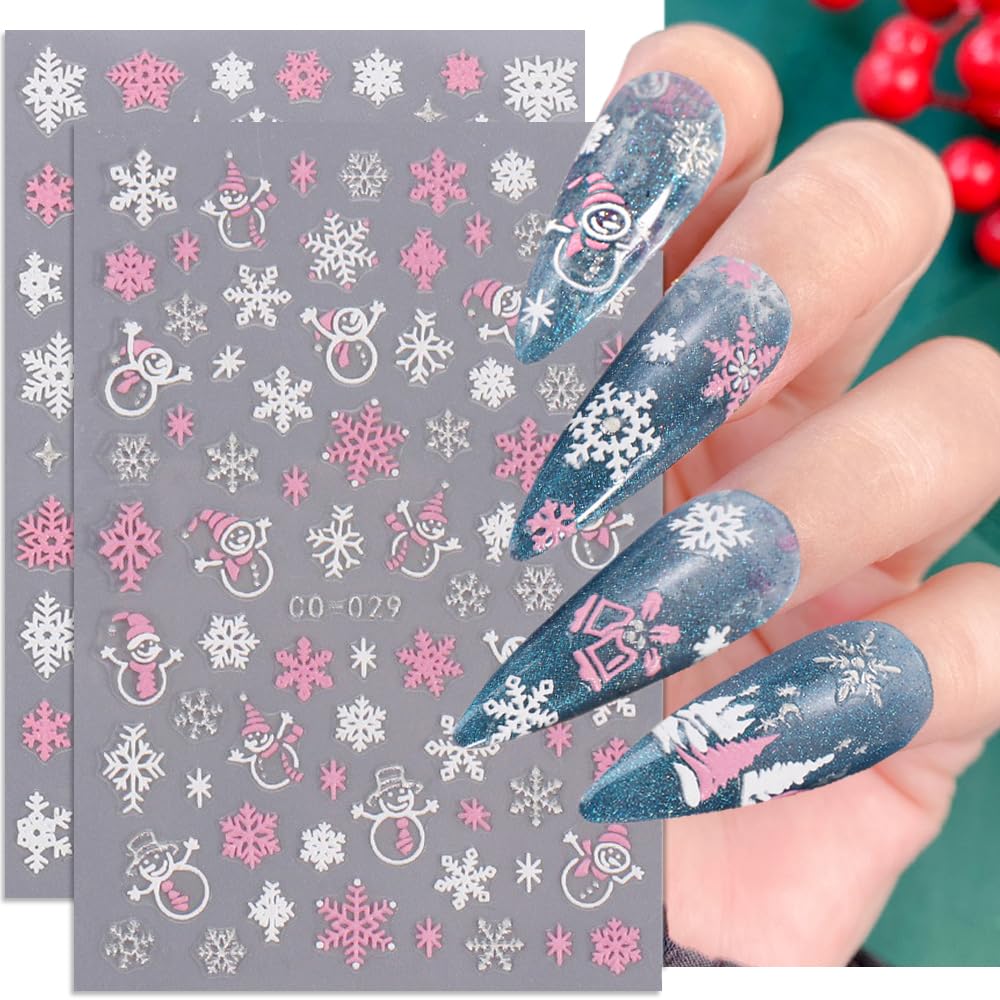 Christmas Nail Art Stickers, 8Sheets 5D Embossed Snowflake Nail Decals Pink White Snowflake Bell Elk Snowmen Xmas Tree Winter Nail Design DIY Beauty & Personal Care Qdsuh