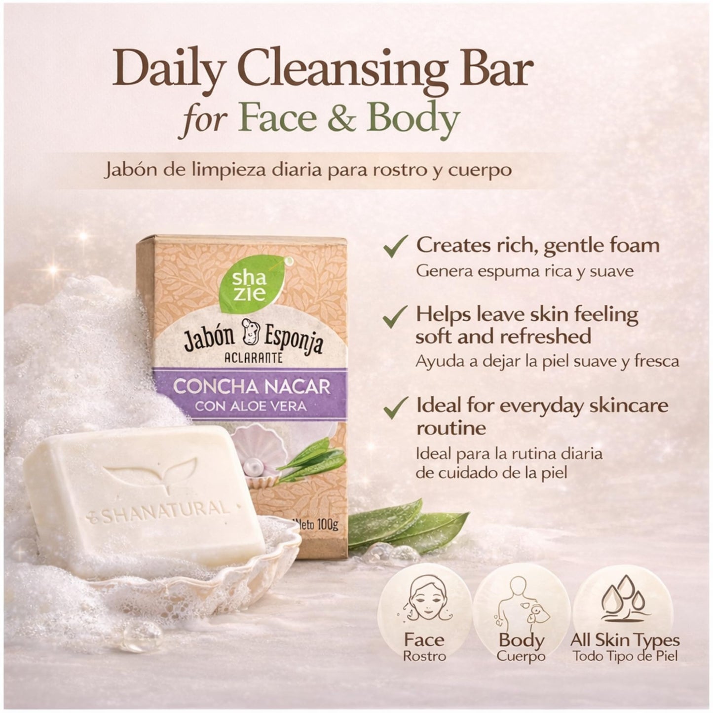 Sha Zie Jabon Esponja with Concha Nacar, Aloe Vera - Soap Sponge for Gentle Skin Care, Mother-of-Pearl Whitening Cream Formula, 3.5 oz Beauty and Personal Care Tu Salud Plus