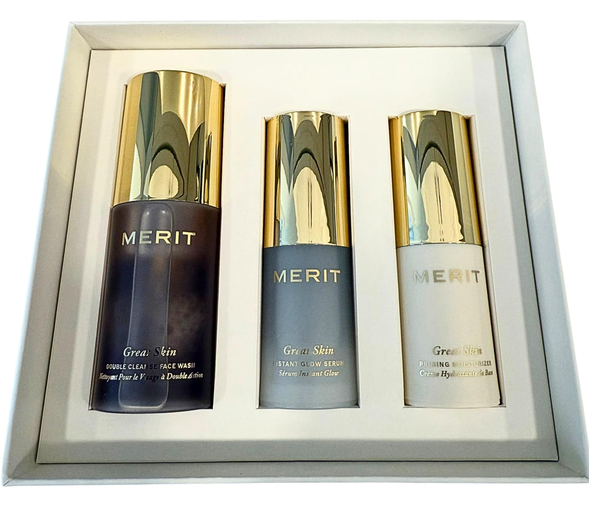 MERIT The Mini Great Skin Trio - Limited Edition Skincare Set with Double Cleanse Face Wash (15 ml), Instant Glow Serum (15 ml), and Priming