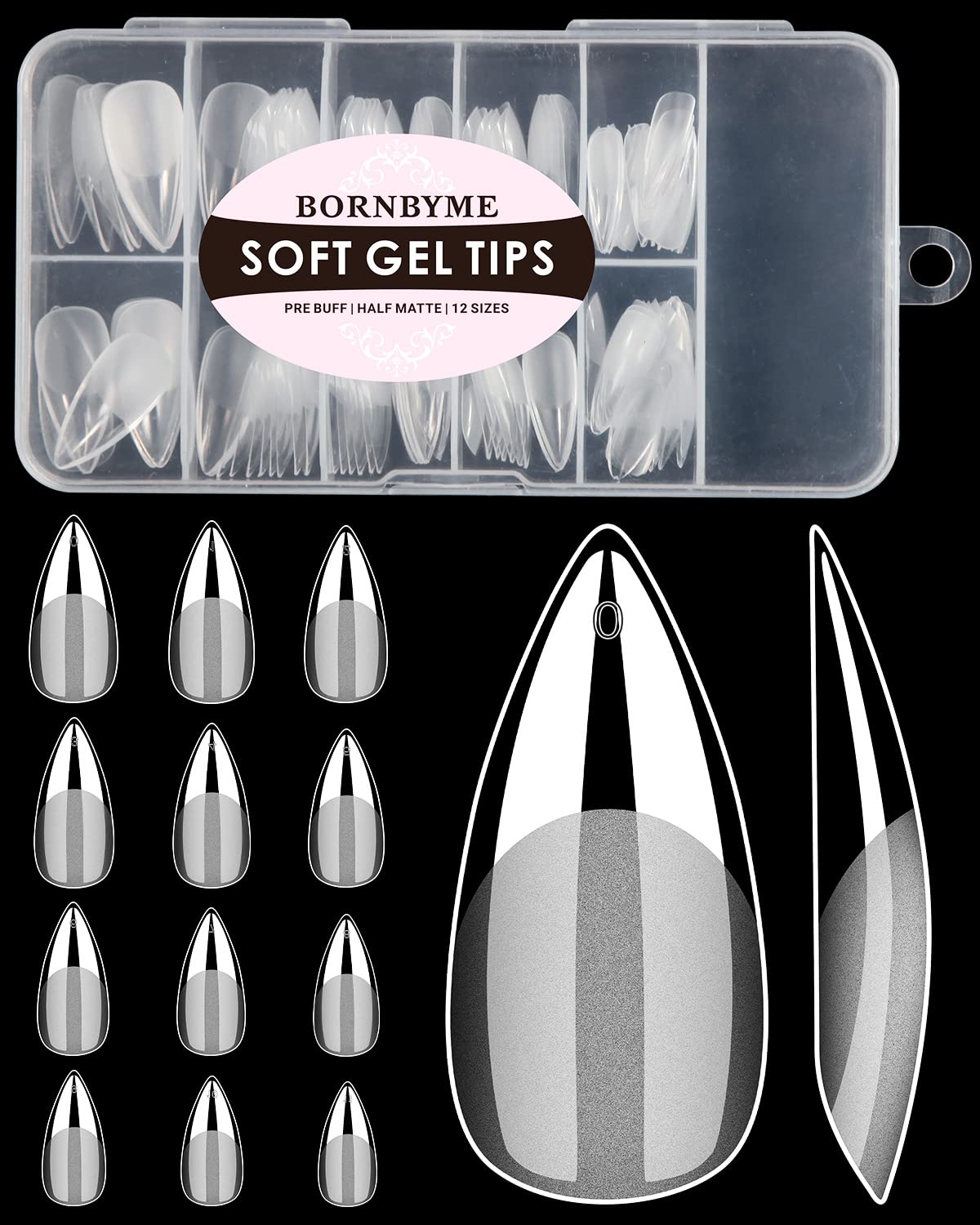 Soft Gel Nail Tips Medium Stiletto, 120PCS Pre Buff Full Cover Shaped Nail Extenison Tips Half Matte Gel Nail Tips BORNBYME Beauty & Personal Care BORNBYME