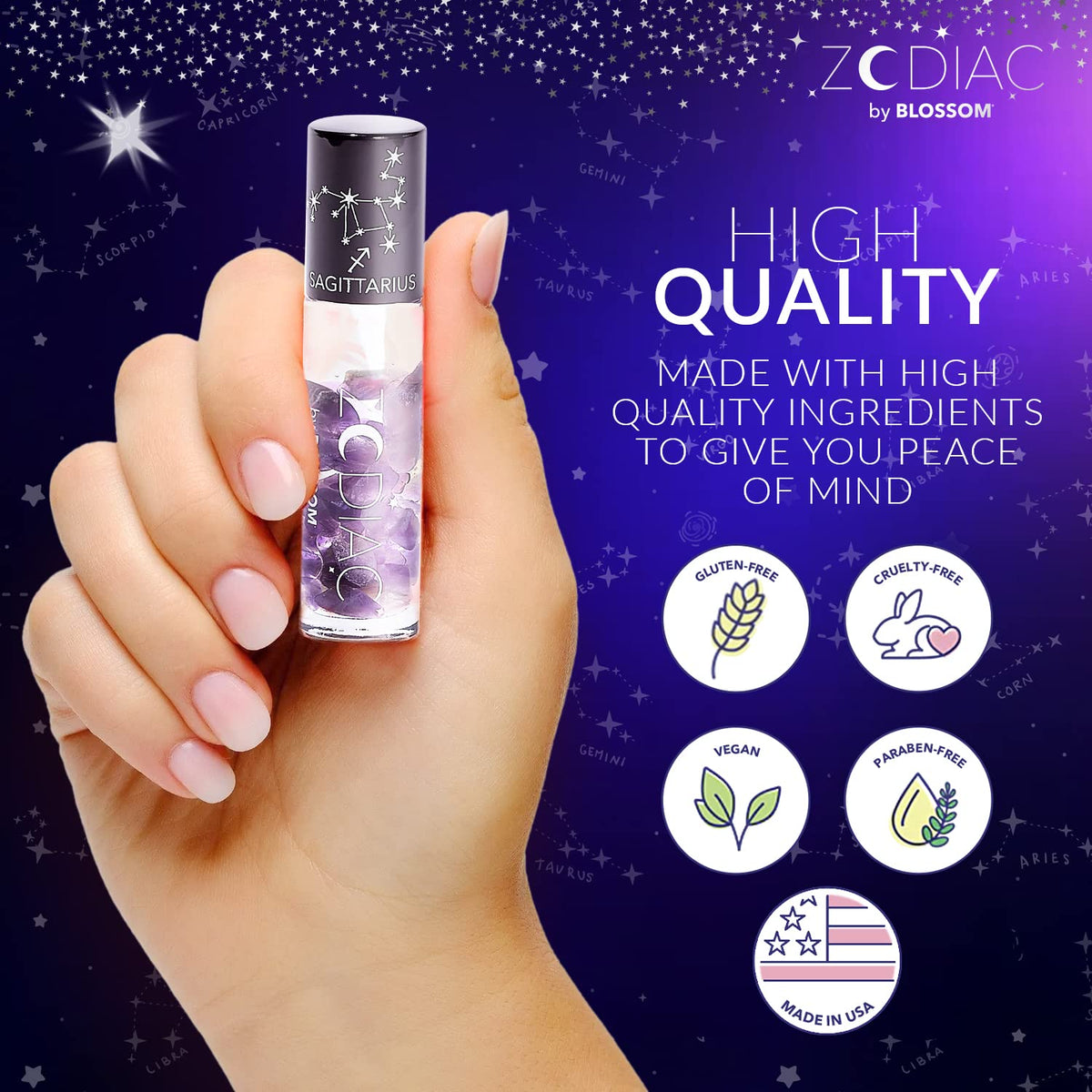 Blossom Lip Gloss Zodiac Sign Vanilla Scented Roll-On Lip Gloss, Moisturizing + Hydrating with Zodiac Crystals, Made in USA, 0.20oz, Sagittarius Beauty & Personal Care Blossom