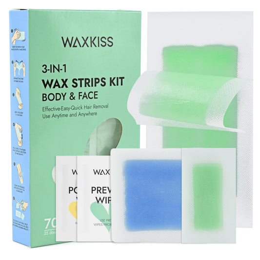 Waxkiss Wax Strips Kit for Women Men 70 Counts 3 Sizes & 12 Pcs Prewax and Afterwax Wipes Ready-to-use Waxing Strip Kit for Hair Removal Home Waxing Beauty and Personal Care waxkiss