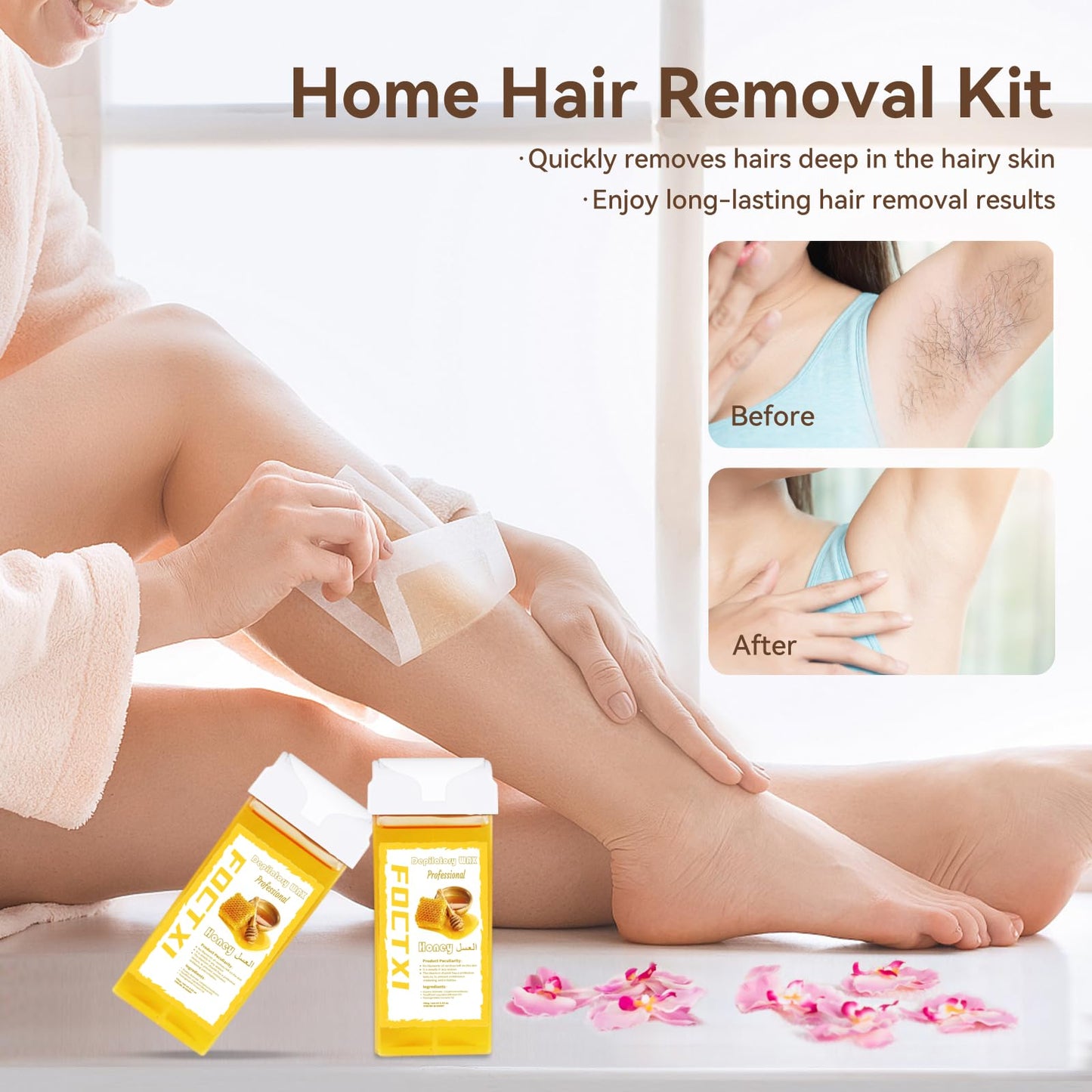 FOCTXI Roll On Waxing Kit for Sensitive Skin - Hair Removal with 2 Honey Soft Wax Cartridges and 100 Non-Woven Wax Strips, 10 Wipes Beauty and Personal Care FOCTXI