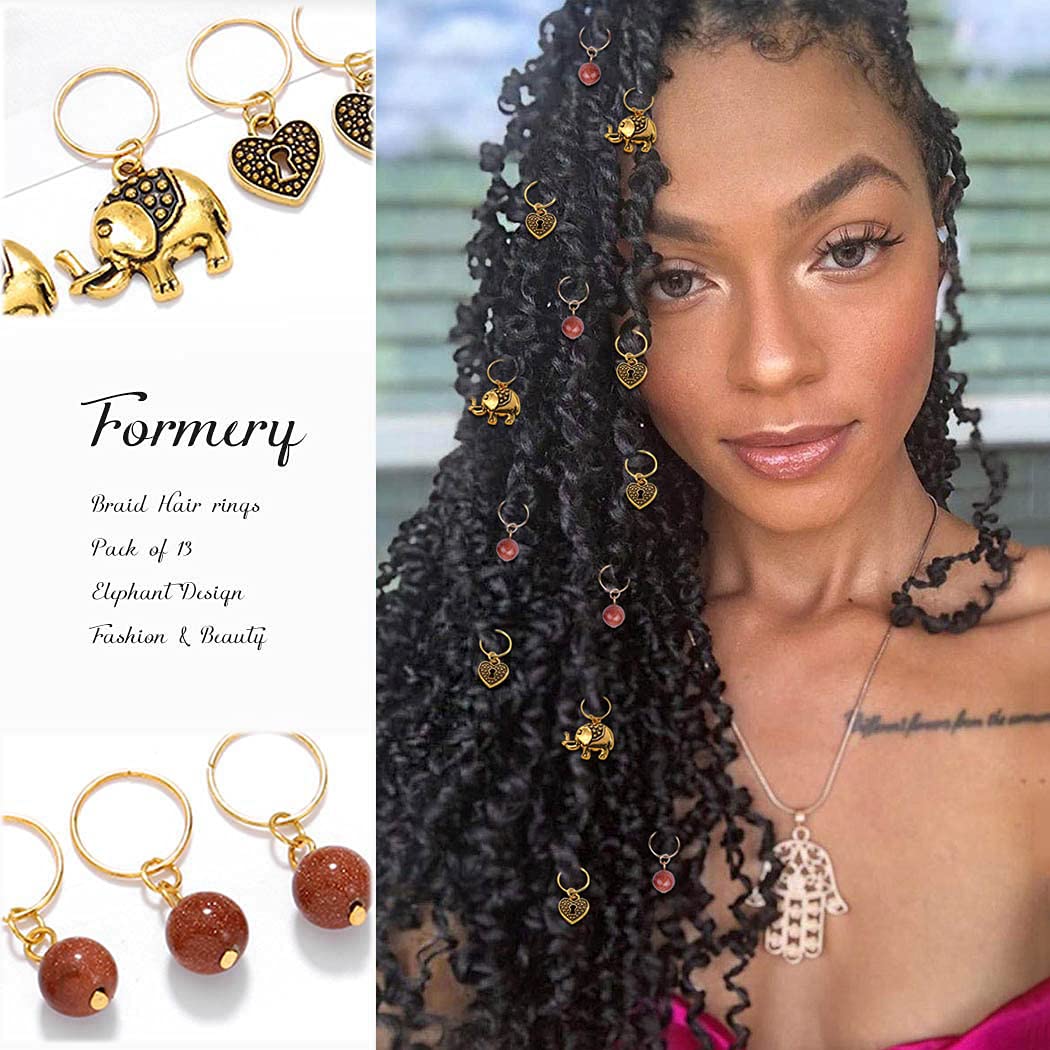 Formery Beads Dreadlock Clip Accessories Gold Elephant Box Braid Rings Heart African Hair Charms Jewelry for Black Women (13PCS) Beauty & Personal Care Formery
