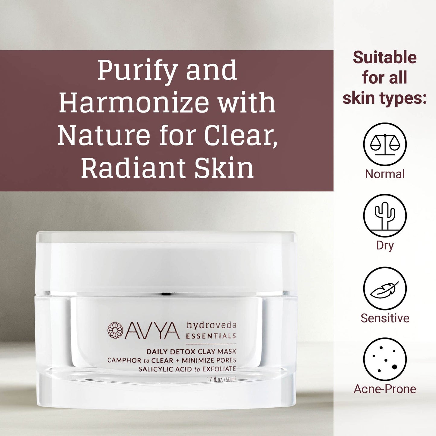 AVYA Hydroveda Essentials Daily Detox Clay Mask (1.7oz) - Bentonite Clay Treatment for Blemishes & Calming Camphor for Inflammation/Remove Impurities Beauty & Personal Care Avya Skincare