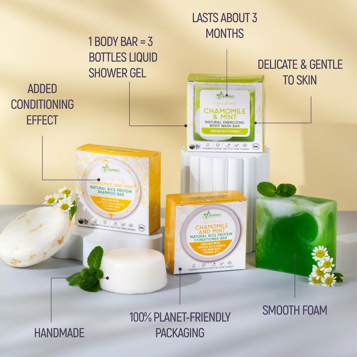 Solid Rice Protein Shampoo, Conditioner and Body Wash Bundle | Shampoo, Conditioner & Wash Bars For Hair and Body w/All Natural Plant Based Essential Beauty & Personal Care BAMBOEARTH