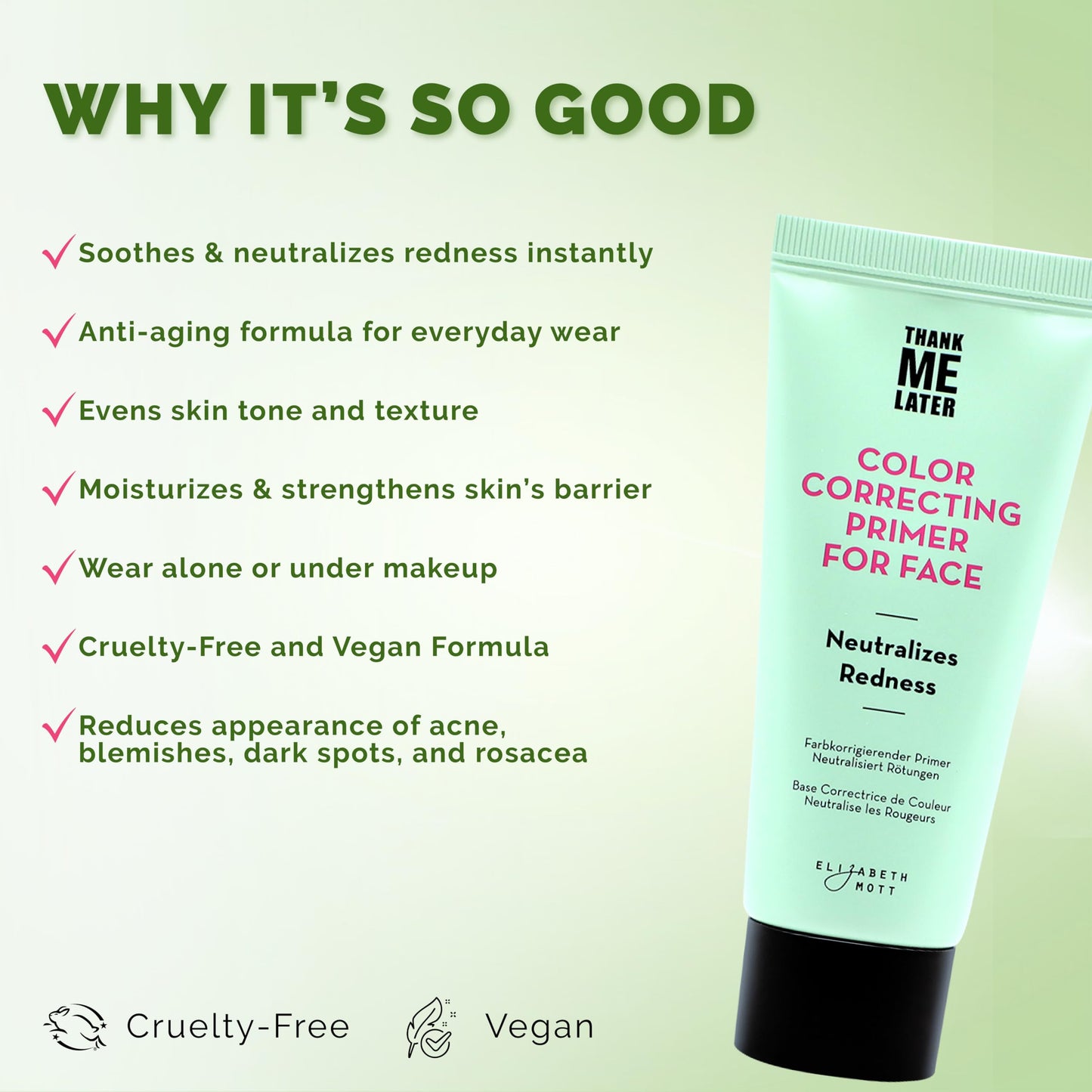 Elizabeth Mott Thank Me Later Color Correcting Face Primer - Niacinamide and Cica Soothes and Neutralizes Uneven Skin Tone and Facial Redness - Grips Beauty & Personal Care Elizabeth Mott