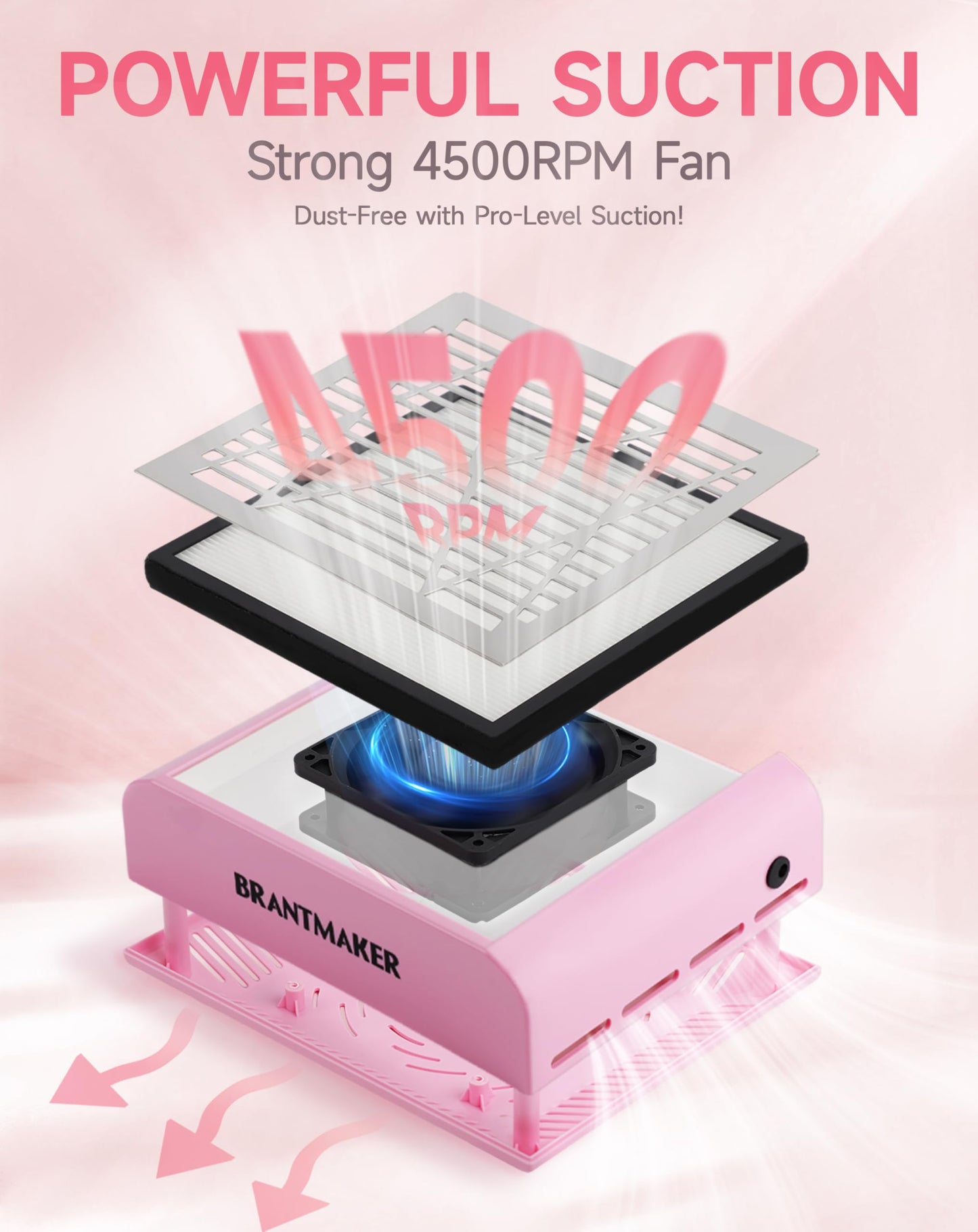 BRANTMAKER Nail Dust Collector with Brush and 2 Reusable Filters, 60W Vacuum Dust Fan for Acrylic Nails (Pink) Beauty & Personal Care BRANTMAKER
