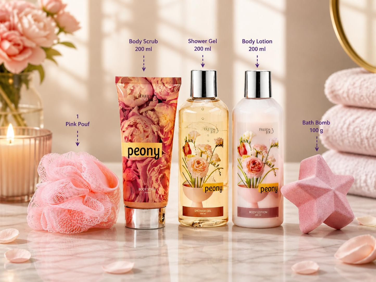 Fragrance Bath & Body Collection Gift Box, Peony Spa Gift Box Beauty and Personal Care Freida and Joe