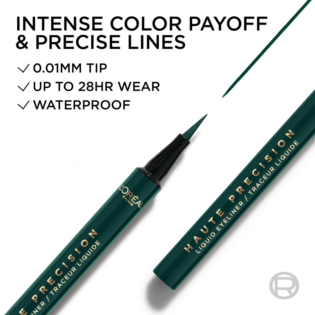 L'Oreal Paris Haute Precision Waterproof Liquid Eyeliner, Smudge-Proof Eye Liner with Micro-Tip, for up to 28HR Eye Makeup Wear, 040 Green Velvet