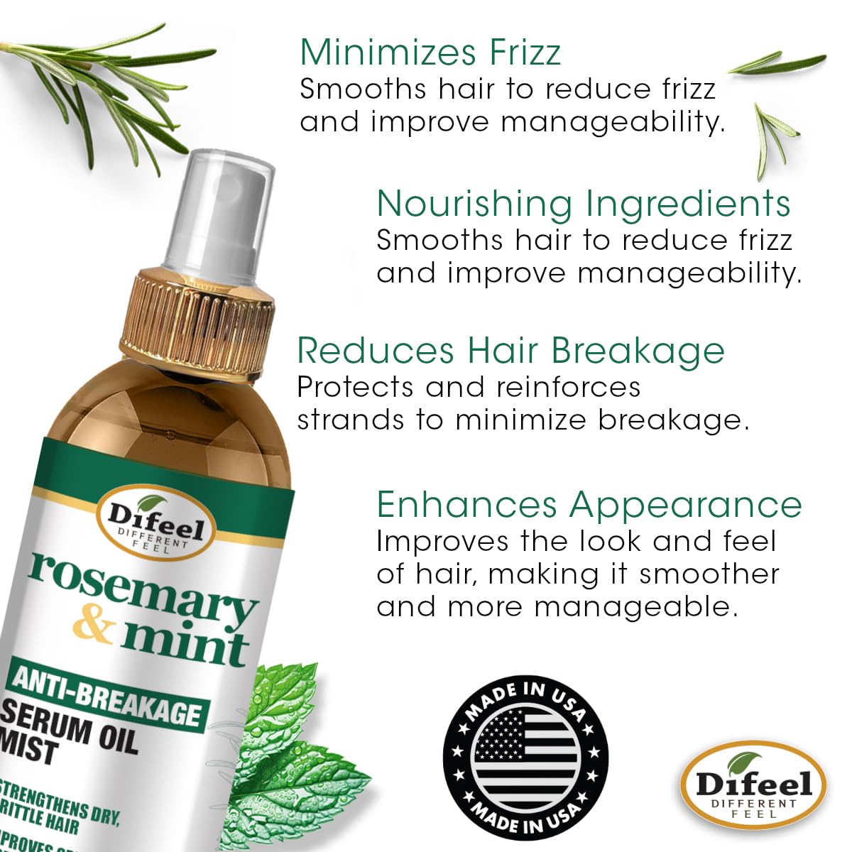 Difeel Rosemary and Mint Anti-Breakage Serum Oil Mist 8 oz. - Hair Strengthening Serum Mist, Reduces Split Ends, Reduces Breakage and Frizz