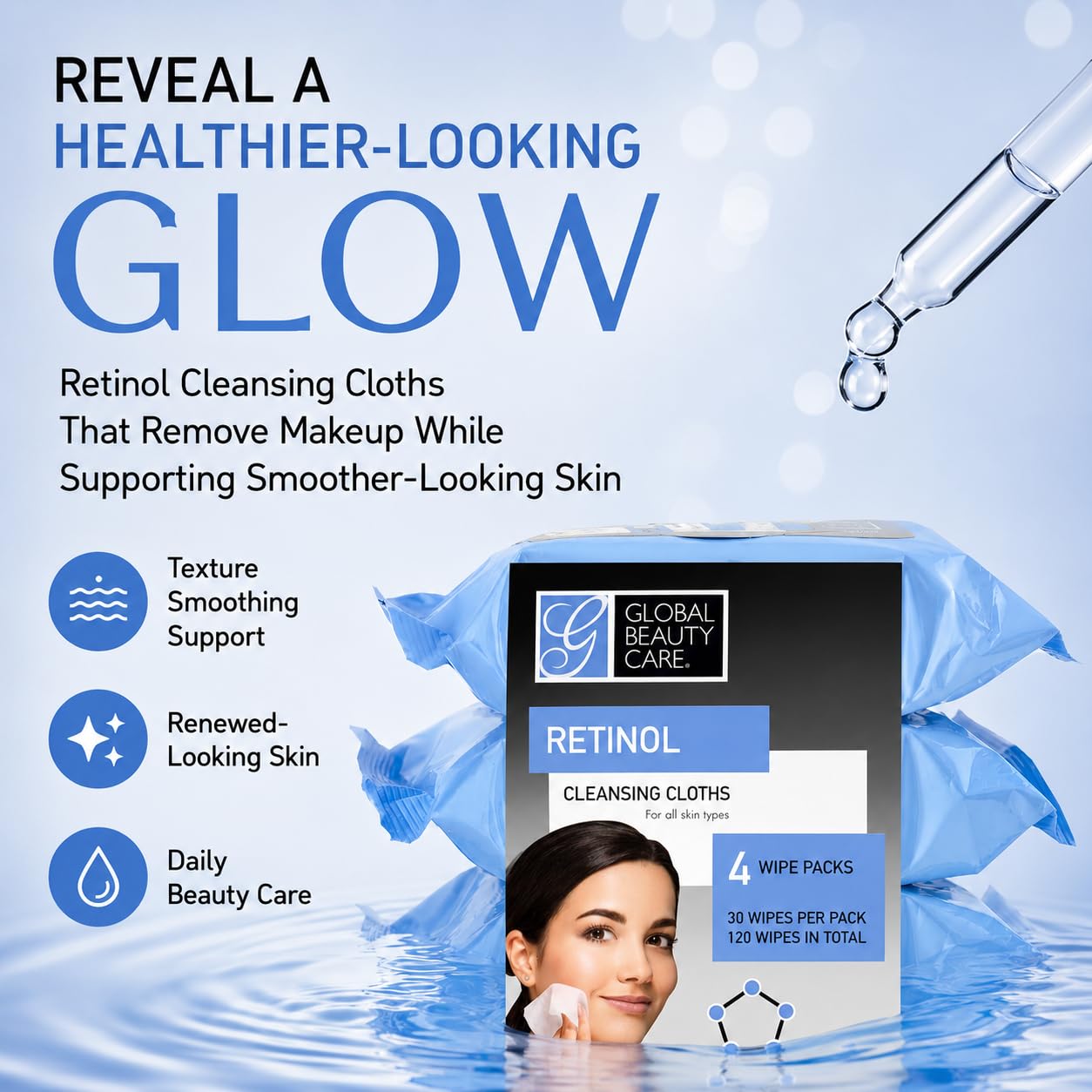 Global Beauty Care Retinol Makeup Remover Wipes with Collagen Renewing Support - Facial Cleansing Cloths, Remove Waterproof Mascara, Oil & Dirt Beauty & Personal Care Global Beauty Care