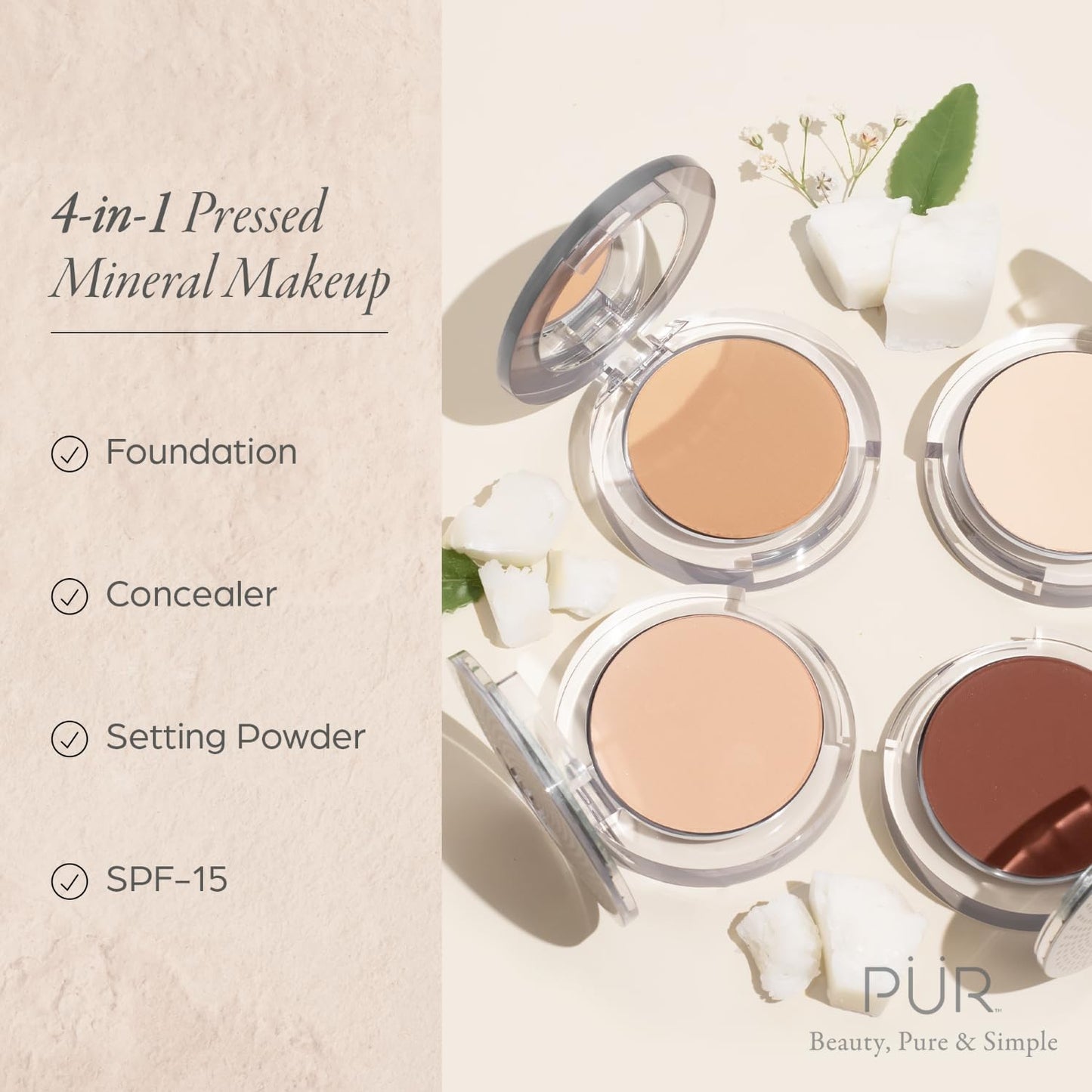 PUR Beauty 4-in-1 Pressed Mineral Makeup Powder Foundation with SPF 15 - Concealer & Finishing Compact Pressed Powder for Face - Buildable Medium to Beauty & Personal Care PÜR MINERALS