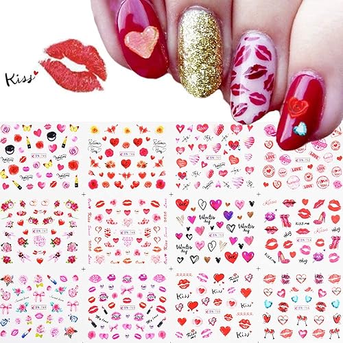 Valentine's Day Nail Decals - 12 Sheets Heart Rose Love Sexy Lips Lipstick Valentines Nail Art Tattoo Stickers DIY Nail Decoration for Women Girls Beauty & Personal Care Qdsuh