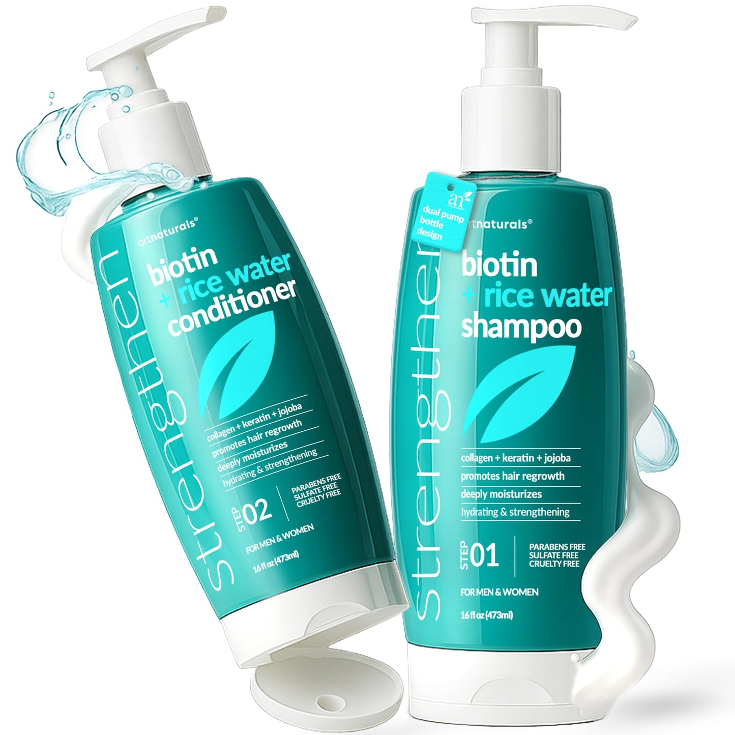 Biotin Rice Water Shampoo and Conditioner Set - Sulfate-Free Formula - Dual Bottle - Made with Collagen, Keratin, and Jojoba to Promote Strength Beauty & Personal Care Artnaturals