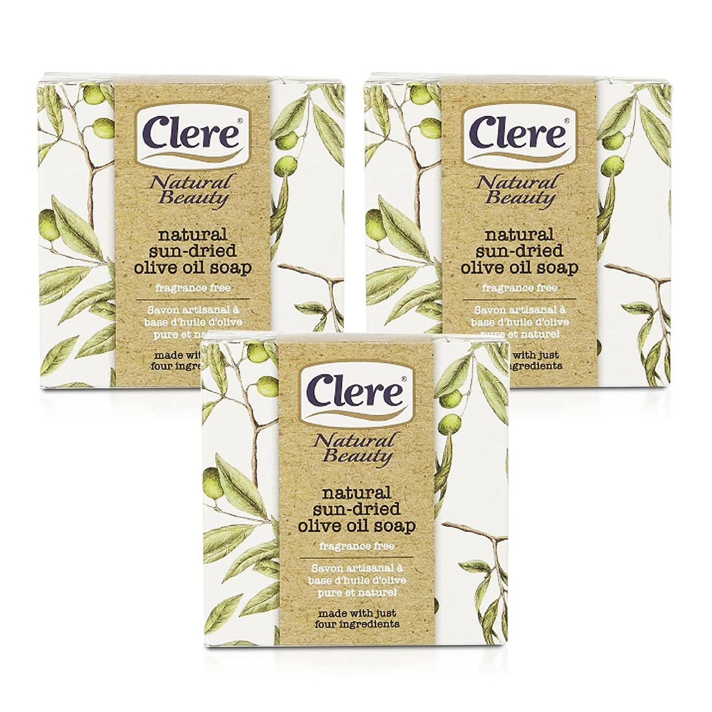 CLERE All Natural Olive Oil Soap - Handmade & Sun-Dried with 100% Pure Ingredients Gentle & Fragrance-Free, 200 Grams - Pack of 3 Beauty & Personal Care CLERE