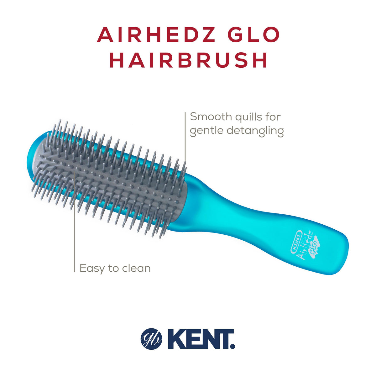 Kent AHGLO01 Airhedz Glo Blue Half Round Narrow Detangling Hair Brush - 9 Row Ionic Anti Static Non Scratch Long Nylon Bristle Great for Detangling
