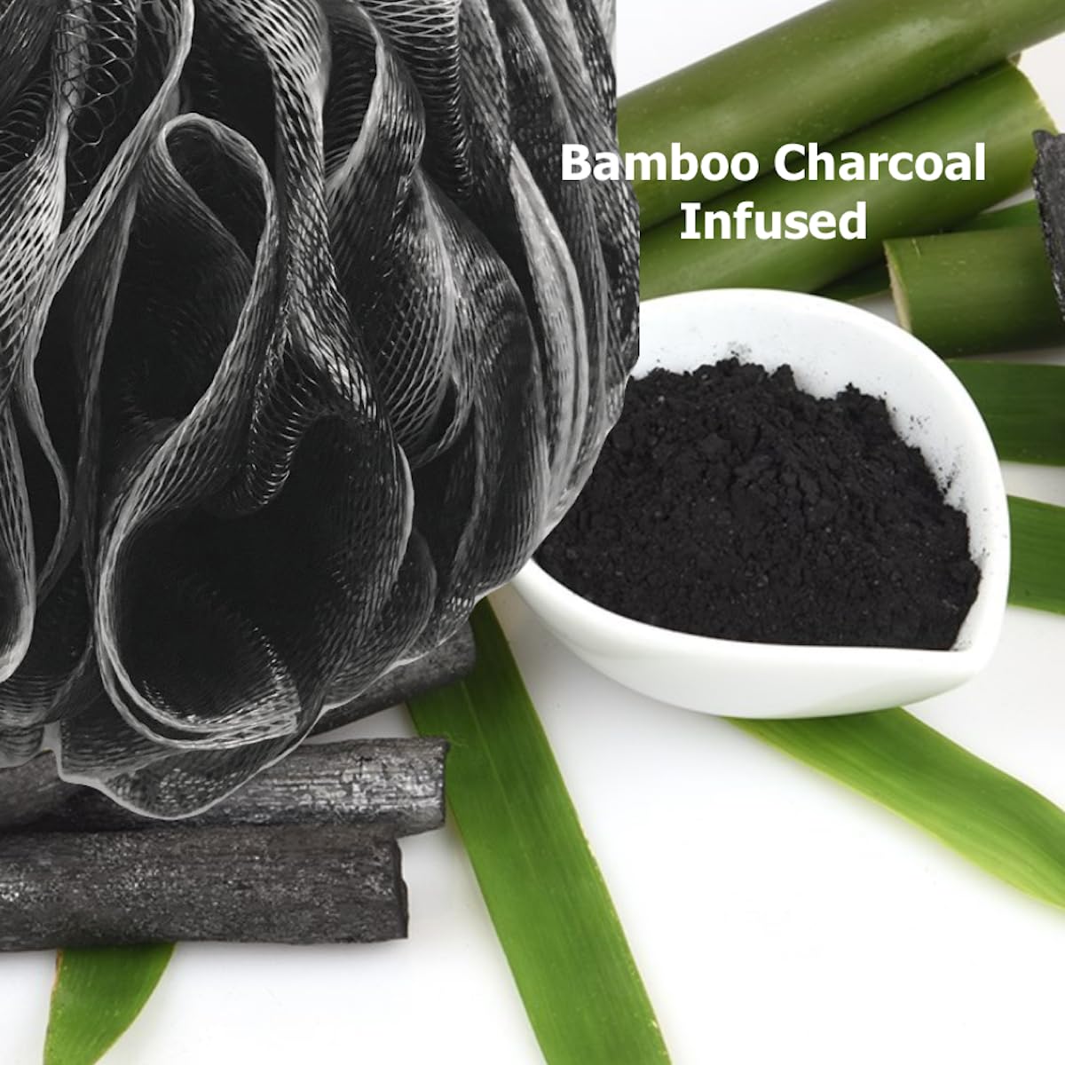SHOWER BOUQUET Loofah-Charcoal Back-Scrubber & Bath-Sponge Set // 1 Long-Handle-Back-Brush Plus 2 Extra Large 75g Soft Mesh Loofa-Lufa-Loufa Puff Beauty & Personal Care Shower Bouquet