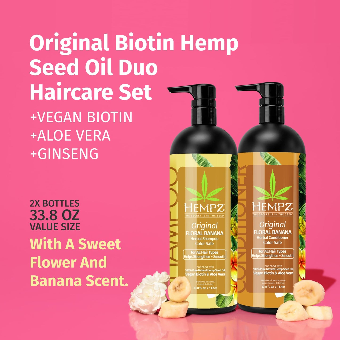 HEMPZ Shampoo & Conditioner Set - Original Floral & Banana Scent for Dry, Damaged, Color Treated Hair - Hydrating, Softening, Moisturizing Vegan Beauty & Personal Care Hempz