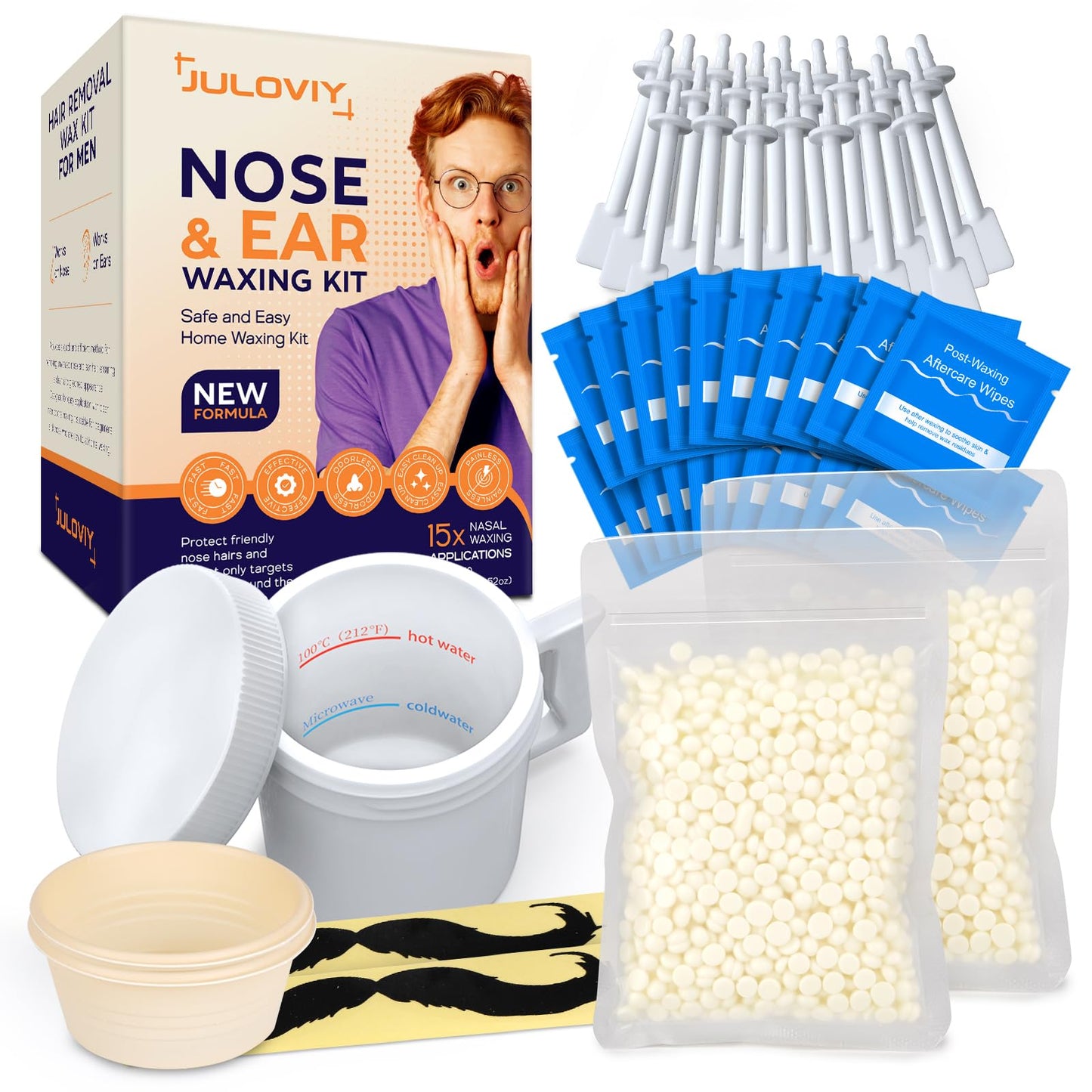 Nose & Ear Waxing Kit - Hypoallergenic Wax + 30 Applicators - Painless Hair Removal for Men & Women - Includes 15 Soothing Balm Wipes & Mustache Beauty and Personal Care Juloviy