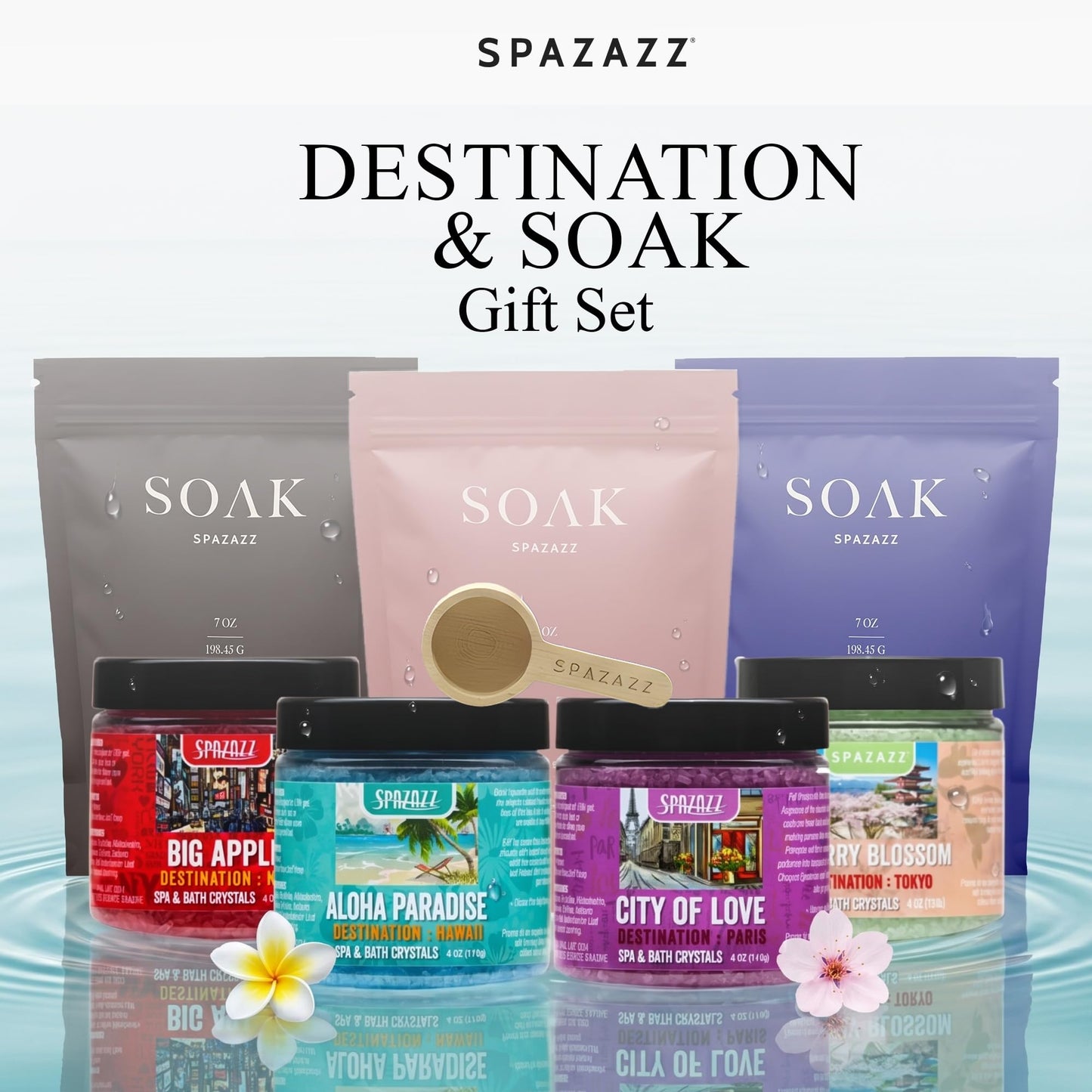 Spazazz Gift Bundle Set - 7oz Aromatherapy Mineral Bath Soak Variety & 4oz Destination Collection Bath Salts, Tumbler, Straws, Bath Salt Scoop & Mini Beauty and Personal Care Spazazz