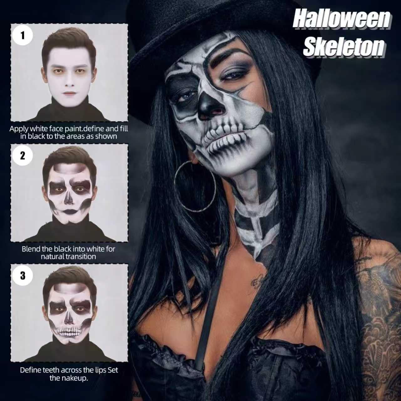 Professional Halloween Skeleton Makeup Kit, Full Face & Body Paint Set with Dual-End Brushes, Setting Powder & Easy-Grip Sponges, Ideal for SFX Beauty & Personal Care Js2U ZW