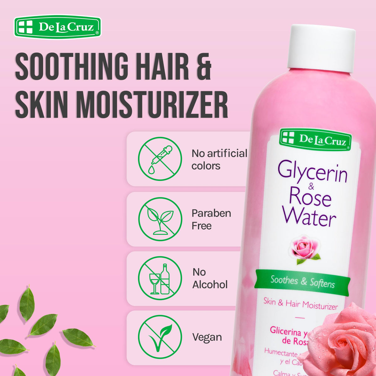 De La Cruz Rose Water and Glycerin for Face - Rosewater Facial Toner and Moisturizer for Skin and Hair 8 fl oz (236 mL) - 2 Bottles Beauty & Personal Care De La Cruz