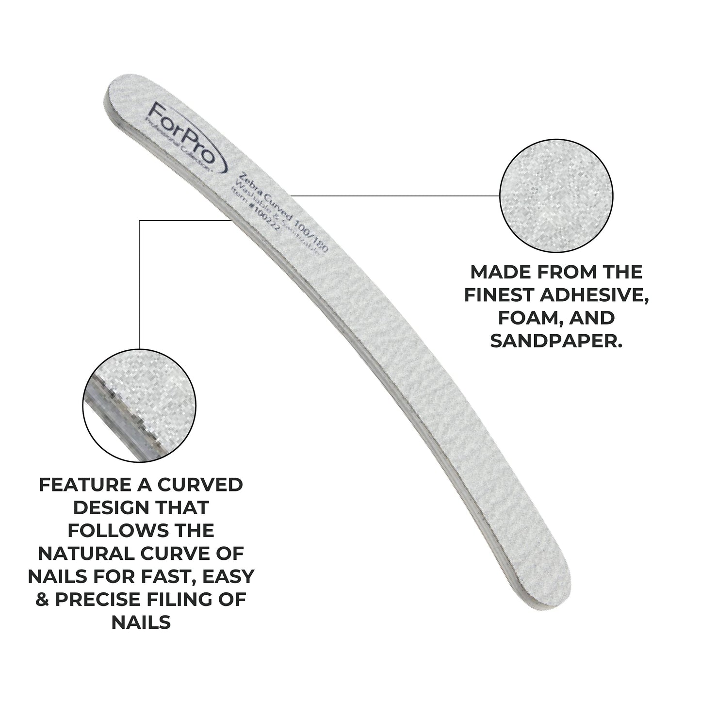 ForPro Professional Collection Zebra Curved Foam Board, 100/180 Grit, Double-Sided Manicure and Pedicure Nail Files, 7” L x .75” W, 50-Count Beauty & Personal Care ForPro Professional Collection