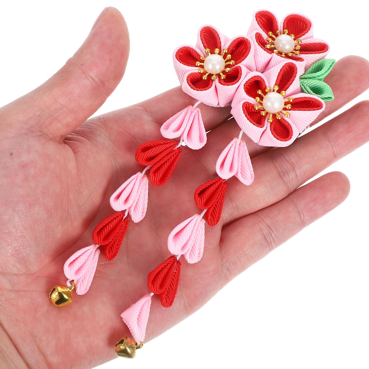 2pcs Womens Girls Kimono Traditional Tsumami Kanzashi Outfit Wedding Japanese Asian Yukata Hair Tie Flower Floral Fan Barrette Clip (Pink/Red Beauty & Personal Care Amosfun