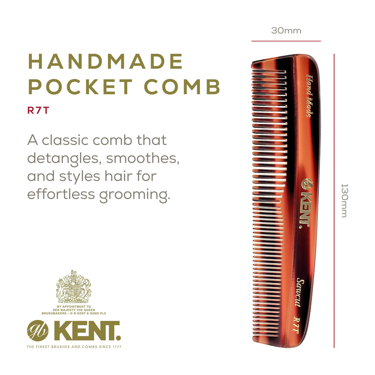 Kent R7T Fine and Wide Tooth Hair Comb, Handmade Pocket Comb for Men, Beard and Mustache Combs for Everyday Grooming and Styling, Sawcut Kent Combs,