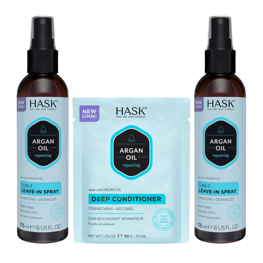 HASK Argan Oil 5-in-1 Leave-In Conditioner Duo (6oz-Qty 2) & Argan Oil Repairing Deep Conditioner Packette, Color Safe, Sulfate-Free, Paraben-Free Beauty and Personal Care HASK Default Title