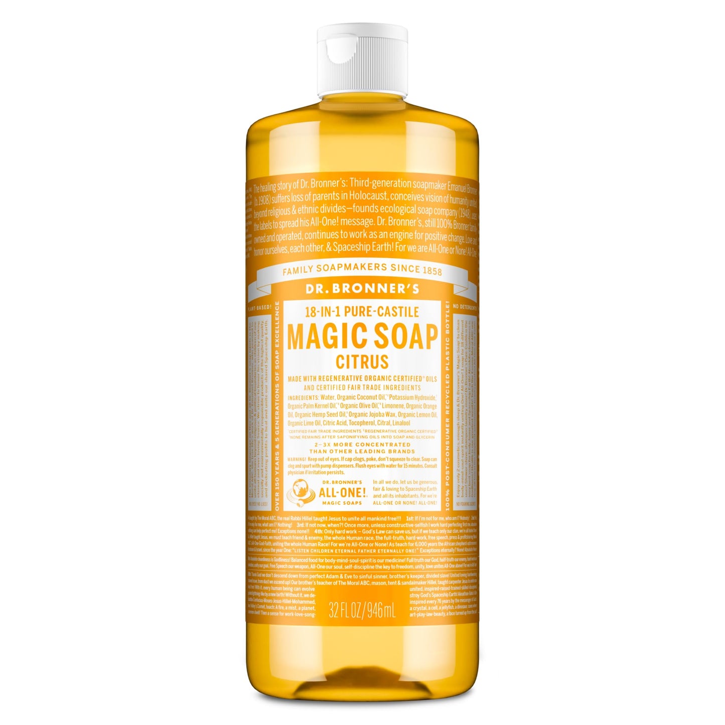 Dr. Bronner's Pure-Castile Magic Soap Liquid (Citrus, 32 Ounce - Made with Regenerative Organic Certified Oils, 18-in-1 Uses: Face, Body, Hair Beauty & Personal Care Dr. Bronner's