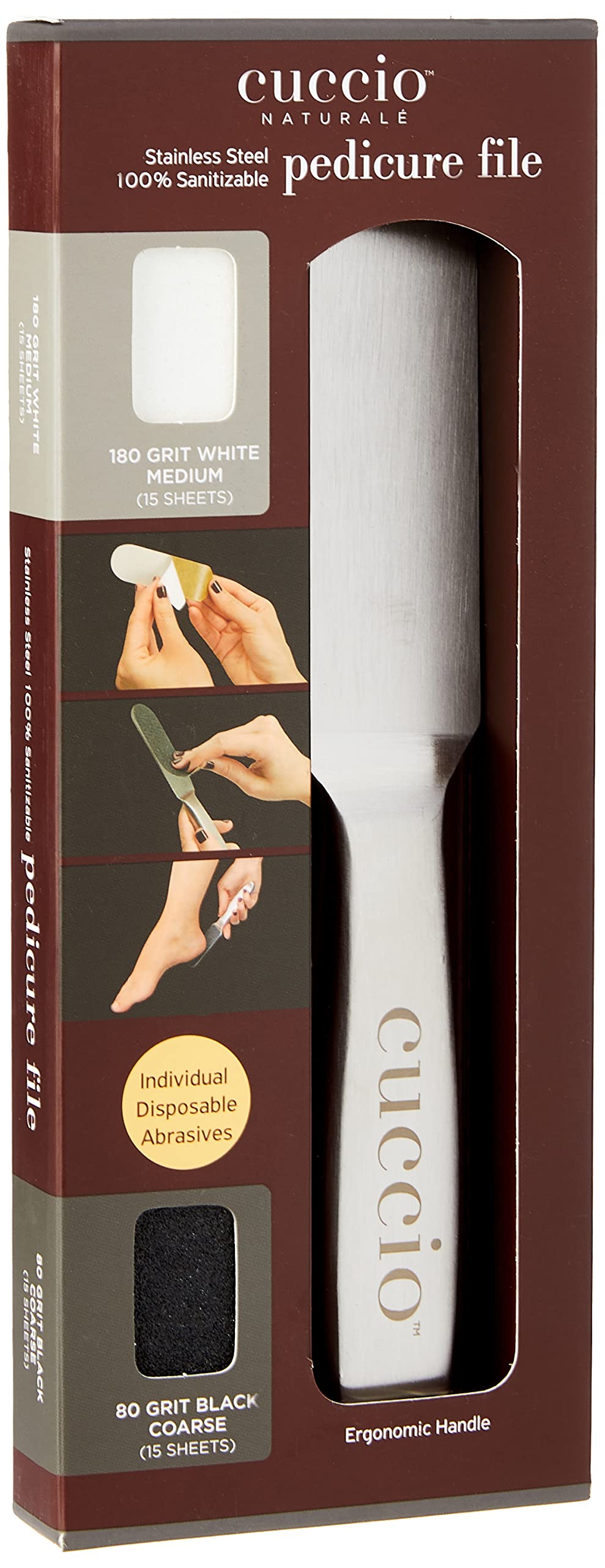 Cuccio Naturale Reusable Stainless Steel Pedicure File Kit - Includes 15 Black 80 Grit and 15 White 180 Grit Disposable Abrasive Refills - 100% Beauty & Personal Care Cuccio