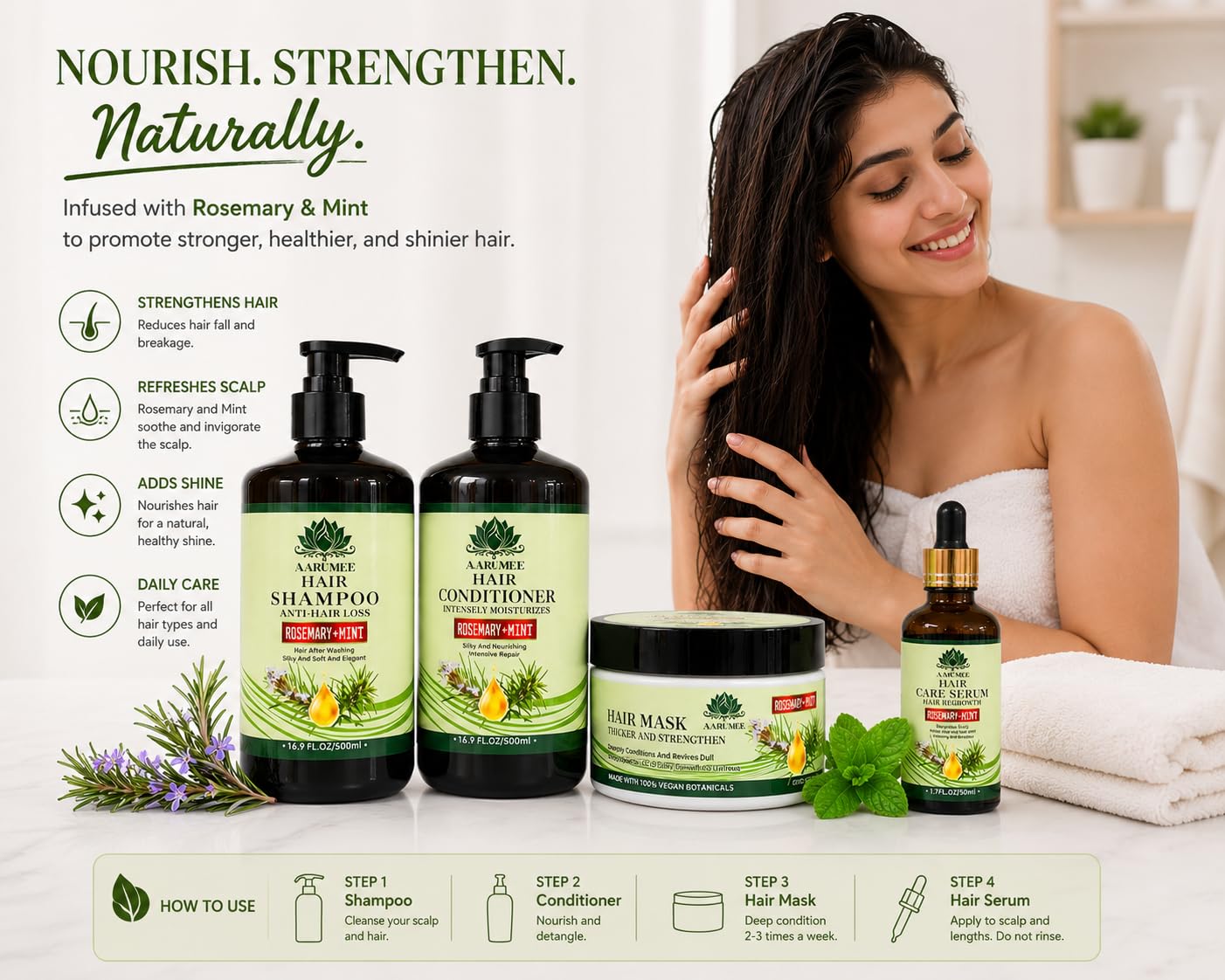 AARUMEE Rosemary & Mint Hair Care Set, Shampoo, Conditioner, Hair Mask & Serum, Anti-Hair Loss, Sulfate Free, Vegan Beauty & Personal Care AARUMEE