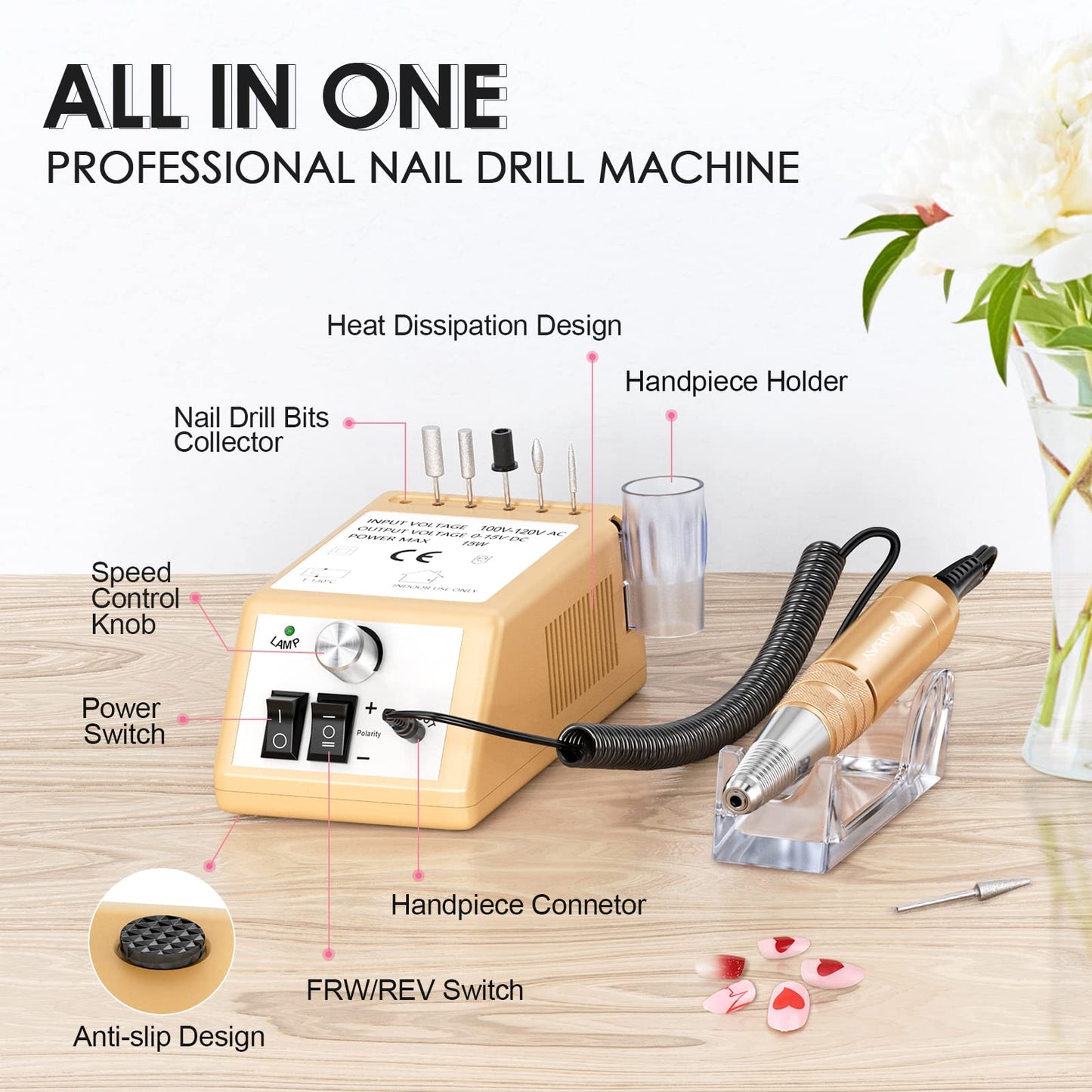 Subay Professional Electric Nail Drill 30,000RPM – Golden Efile Kit for Acrylic & Gel Nails, Manicure & Pedicure Polishing Tools Beauty & Personal Care SUBAY