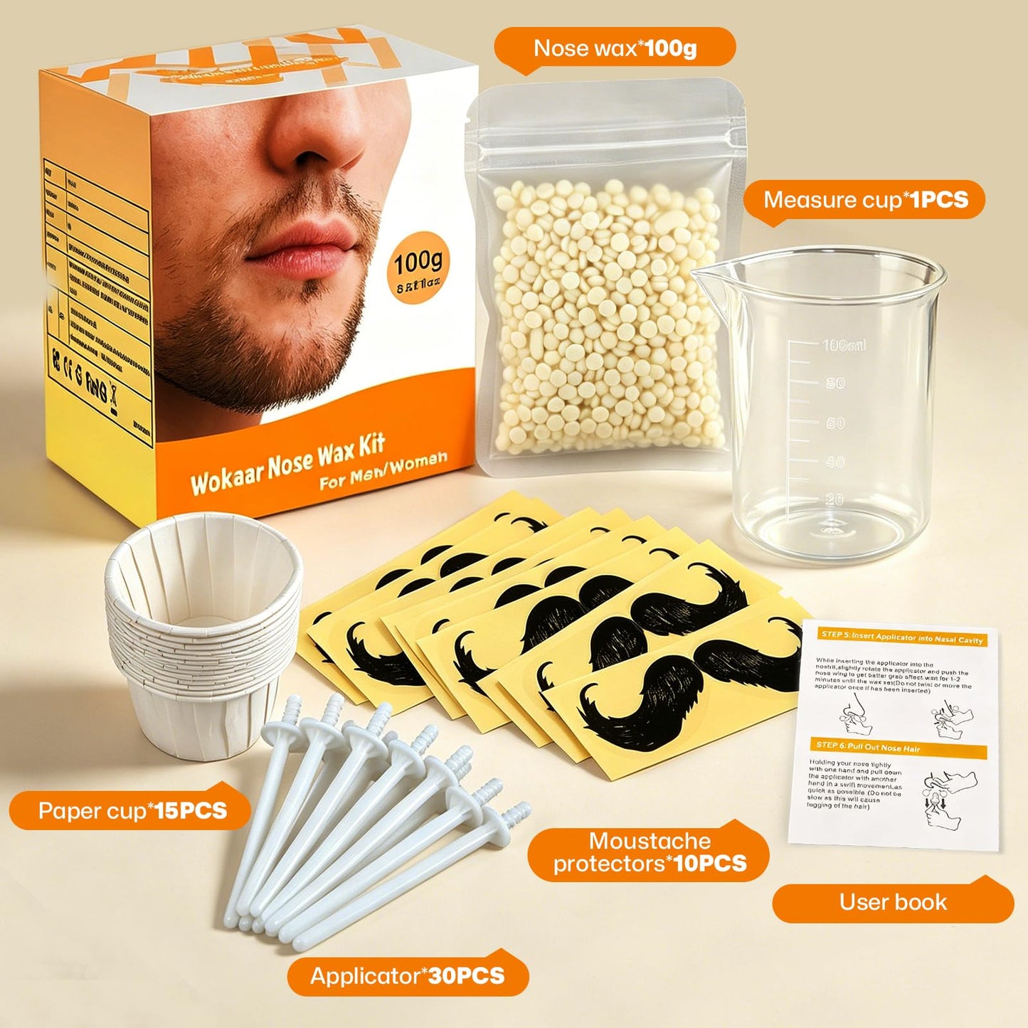 Wokaar Nose Wax Kit for Men & Women | 100g Wax, 30 Applicators (15-20 Uses) | Painless Nasal & Ear Hair Removal | Fast 3-Min Removal | Safe Hair Beauty and Personal Care Wokaar