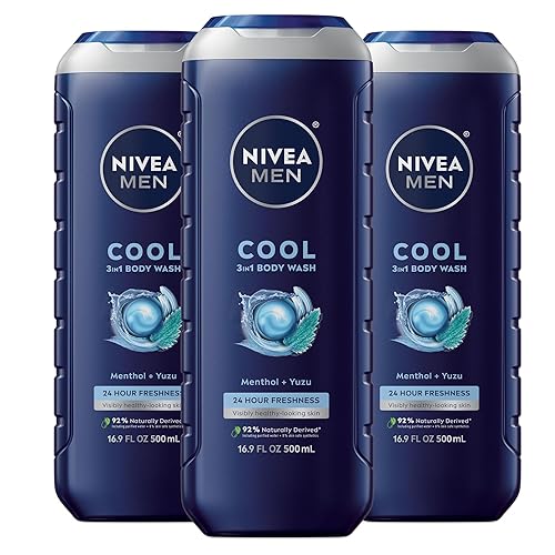 NIVEA MEN Cool Body Wash, Icy Menthol and Yuzu Scent, 3-in-1 Men's Body Wash, Face and Hair, Paraben Free, pH-Skin Friendly, 16.9 Fl Oz Bottle, Pack Beauty & Personal Care NIVEA MEN