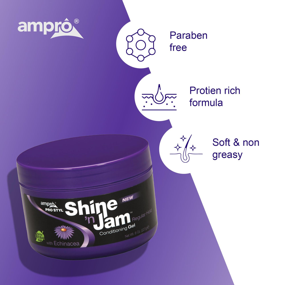 Ampro Shine-n-Jam Regular - Infused with Echinacea to Encourage Hair Growth - Great for Taming Fringe, Ponytails, Soft Weaves, and Braids - Keeps Beauty & Personal Care AmPro