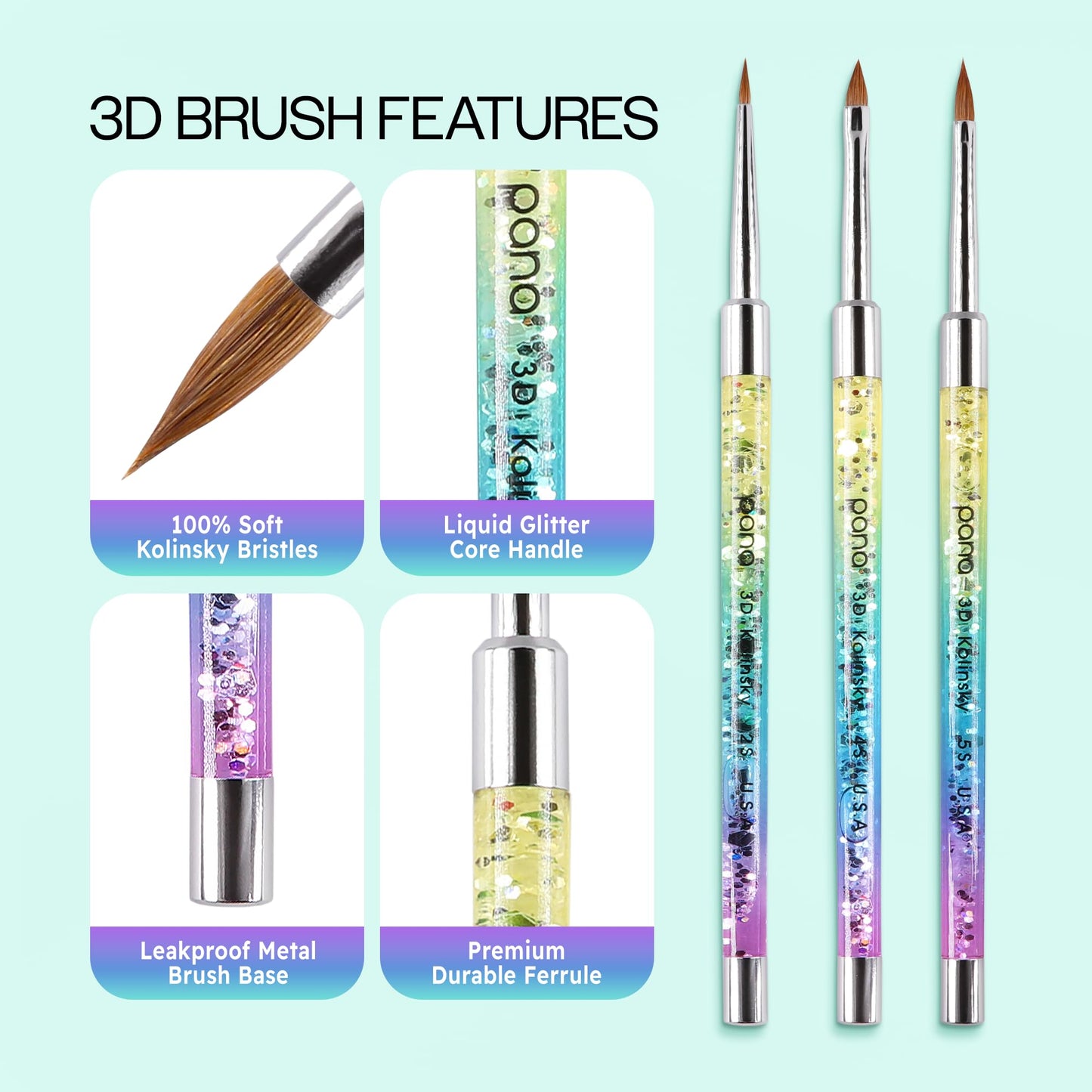 PANA Kolinsky 3D Acrylic Nail Brushes with Liquid Glitter Handle - For Professional Acrylic Powder Liquid Manicure Pedicure (Rainbow Color, Size #5) Beauty & Personal Care PANA
