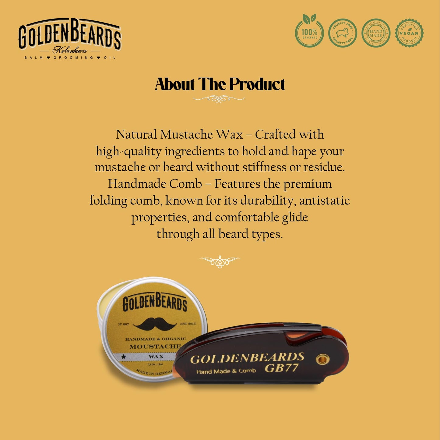 Golden Beards Mustache Wax with GB-77 Folding Comb - Organic & Natural Styling Wax for Men - Strong Hold, Vegan, Cruelty-Free Grooming Kit Beauty and Personal Care Golden Beards Kobenhavn BALM GROOMING OIL