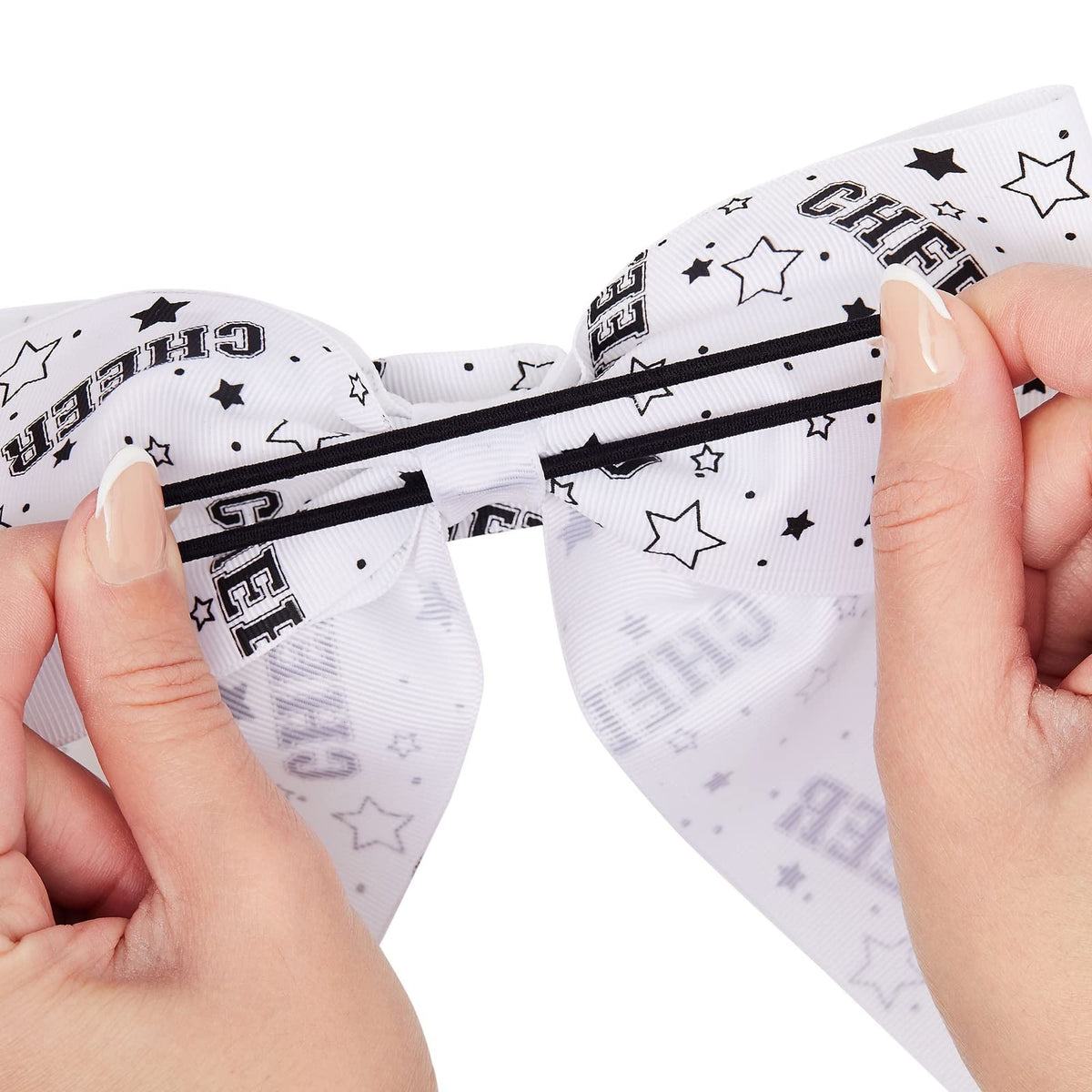 Okuna Outpost Cheer Bows for Cheerleaders & Gymnastics Ribbons for Hair - 3 x 8 in (20 Pack, White & Black) - Pre-Tied Elastic Ponytail Holders -