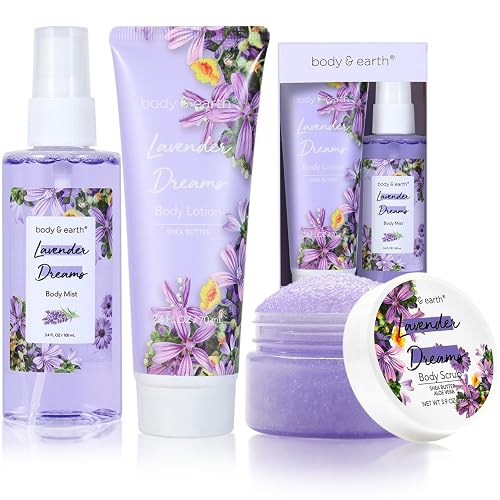 BODY & EARTH Body Mist Gift Set - Spa Gifts for Women, Perfume, Body Lotion, and Body Scrub in a Lavender Dreams Box- Perfect Birthday Gifts for Moms Beauty & Personal Care BODY & EARTH