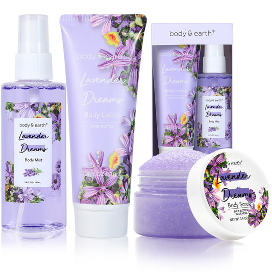 BODY & EARTH Body Mist Gift Set - Spa Gifts for Women, Perfume, Body Lotion, and Body Scrub in a Lavender Dreams Box- Perfect Birthday Gifts for Moms Beauty & Personal Care BODY & EARTH