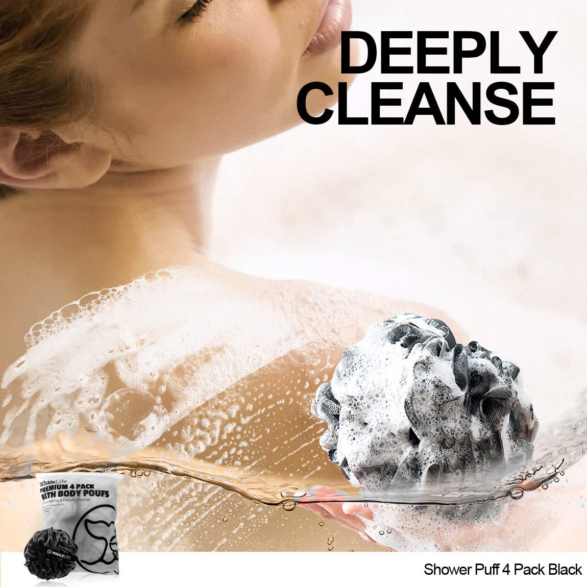 Shower Puff 4 Pack Black Bath Sponge Shower Loofahs Pouf Ball Nature Bamboo Charcoal Mesh Bulk Puffs Large, Shower Essential Skin Care by WhaleLife Beauty & Personal Care WhaleLife
