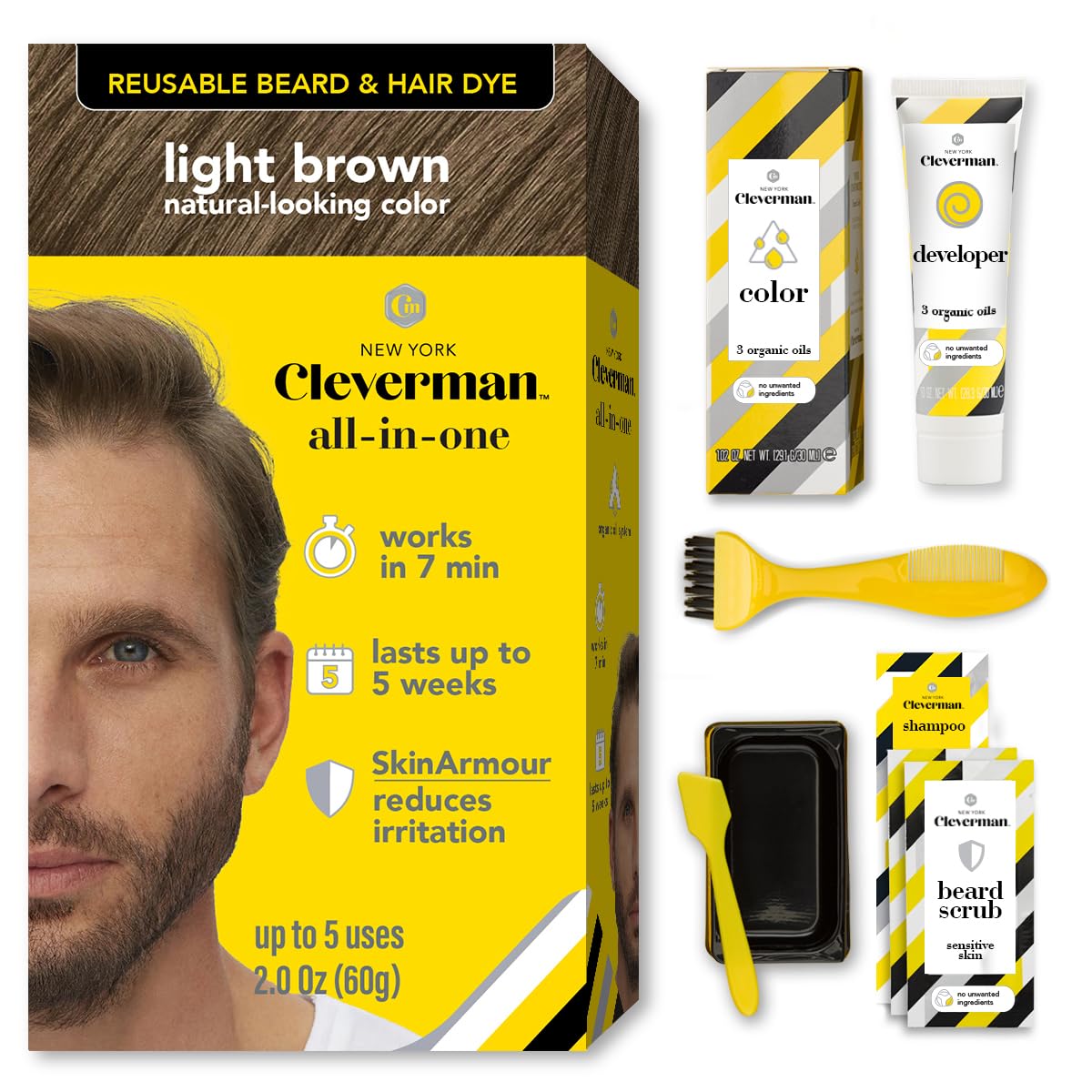 Reusable Hair & Beard Dye for Men - Light Brown 6.12 | Up to 5 Uses, 7 Minutes | Natural Gray Coverage, No-Drip Cream with SkinArmour® - Cleverman Beauty & Personal Care CLEVERMAN