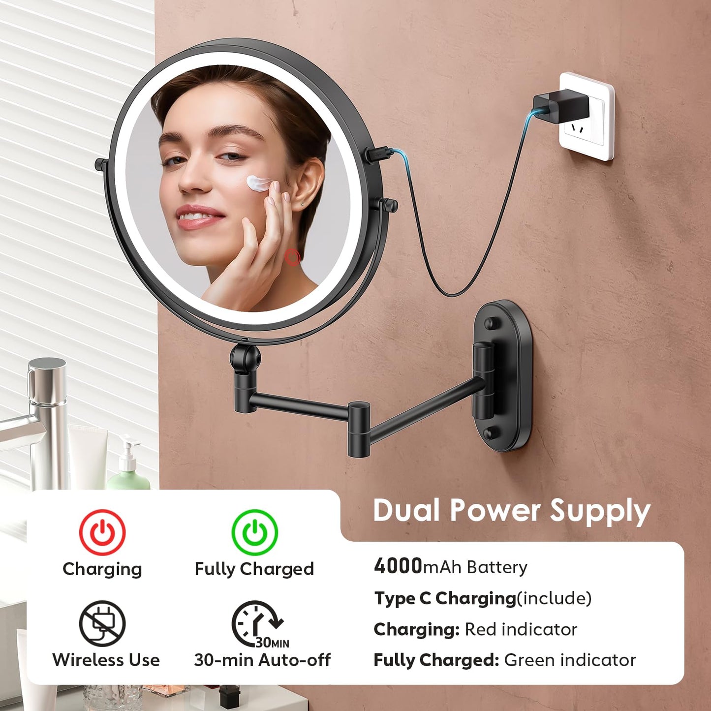 ZLOKLA 9" Wall Mounted Lighted Makeup Mirror,4000mAh Rechargeable Double Sided 1X/30X Magnifying Mirror with Light,Touch Dimmable,Extended Arm 360 Beauty and Personal Care ZLOKLA