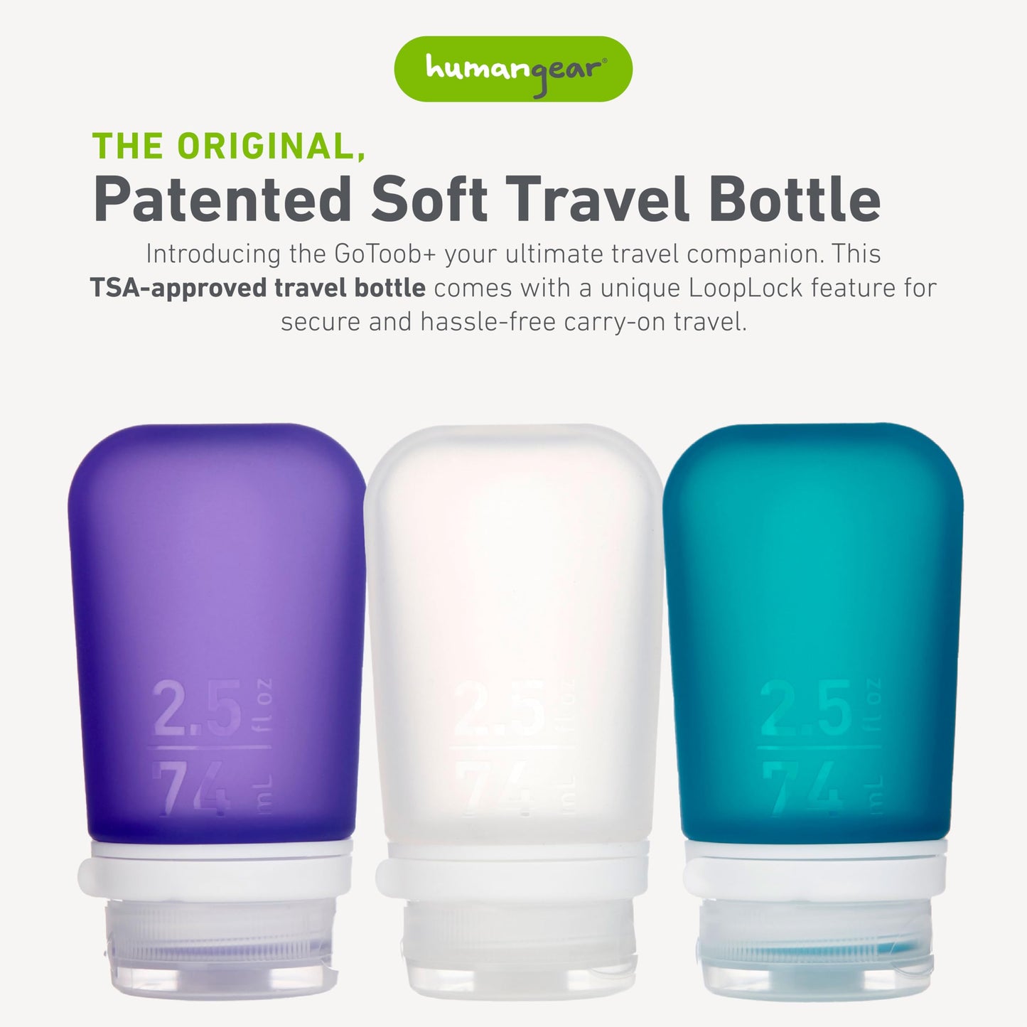 humangear GoToob+ Bottles - Silicone Leak-Proof Travel Tubes for Toiletries, Camping & TSA Carry-On (3-Pack), Medium (2.5 fl oz; 74ml) Beauty and Personal Care humangear