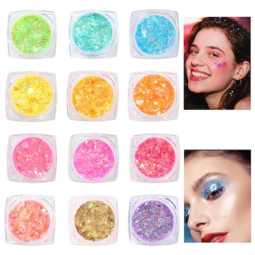 Glow in the Dark Face & Body Glitter Gel - 12 Colors Chunky Holographic Glitter for Hair, Body, Festival, Party, Rave Makeup, Washable Cosmetic Beauty & Personal Care Ultikare
